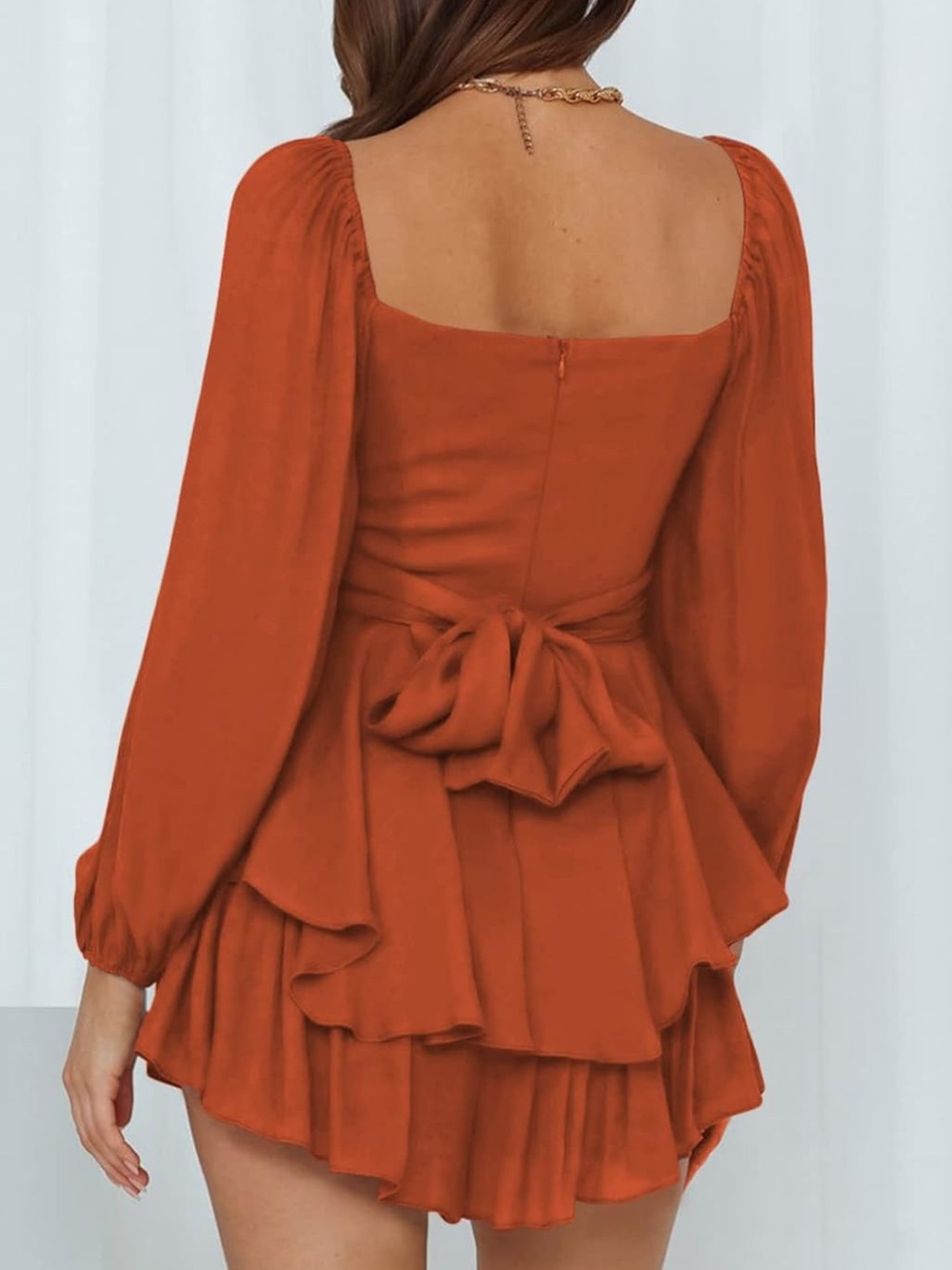 Square Neck Tiered Mini Romper Dress in Rust Orange - Picture 3 of 3